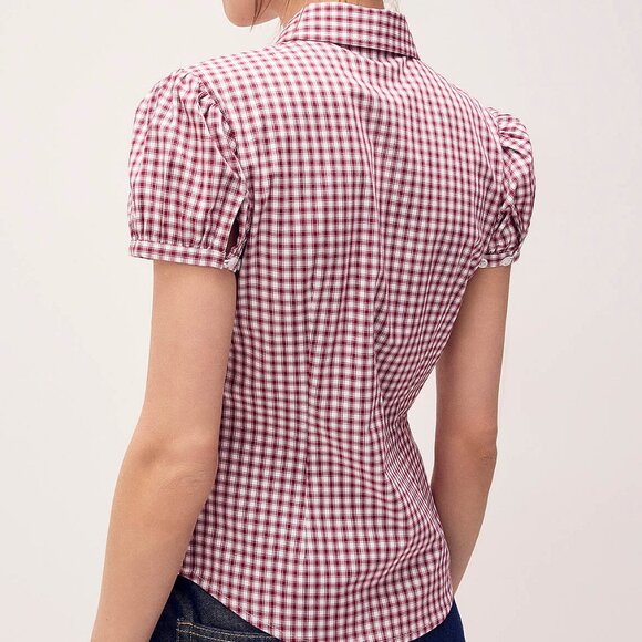 Puff sleeve checkered poplin shirt burgundy - Picture 2 of 2